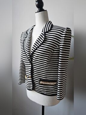 NISSA european Black & White Striped Women's Blazer with Gold Chain Detail